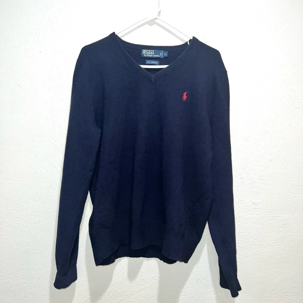Polo by Ralph Lauren Blue V-Neck Lambs Wool Sweater